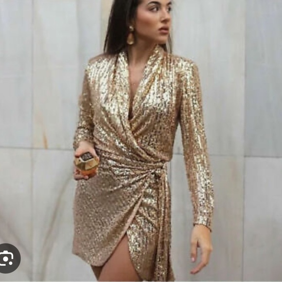 Zara Gold Sequin Wrap Dress/XSmall - Picture 1 of 13